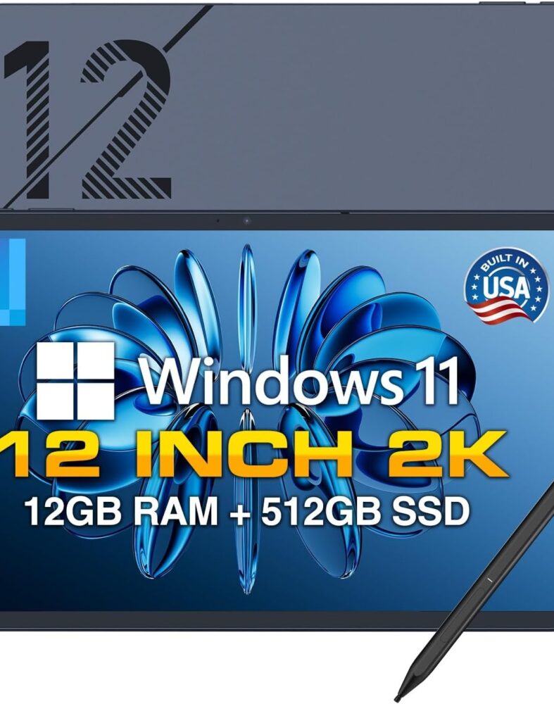 Fusion5 2026 Version 12" 2K Display Windows 11 Tablet PC with Stylus Pen - Built in USA - 12GB DDR5 RAM 512GB SSD, 13th Gen CPU, 12 inch Windows Tablet Computer, Built-in Fan, Fast Charging, Metallic