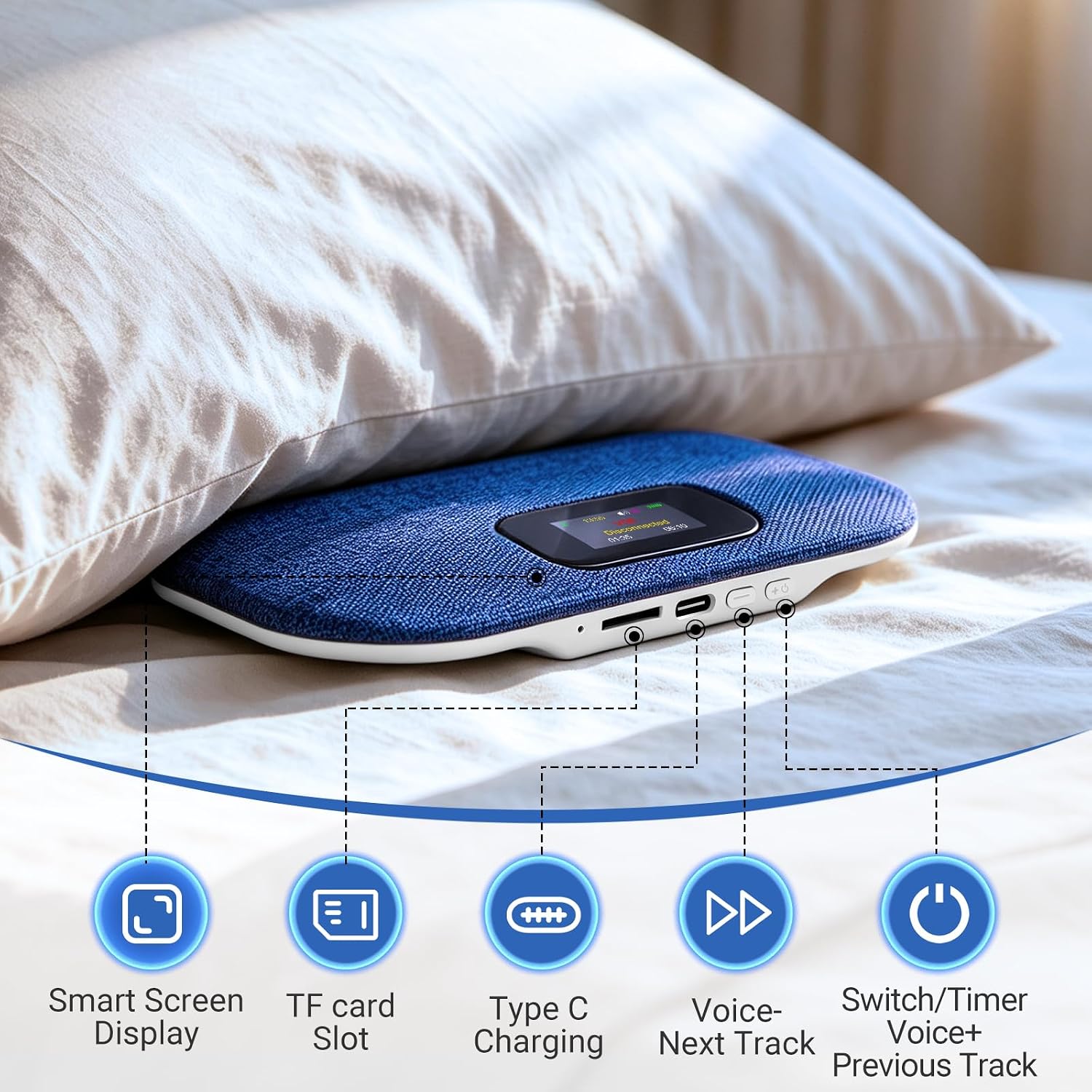 Bluetooth Pillow Speaker with LED Display, Dual Bone Conduction,Blue - Image 6