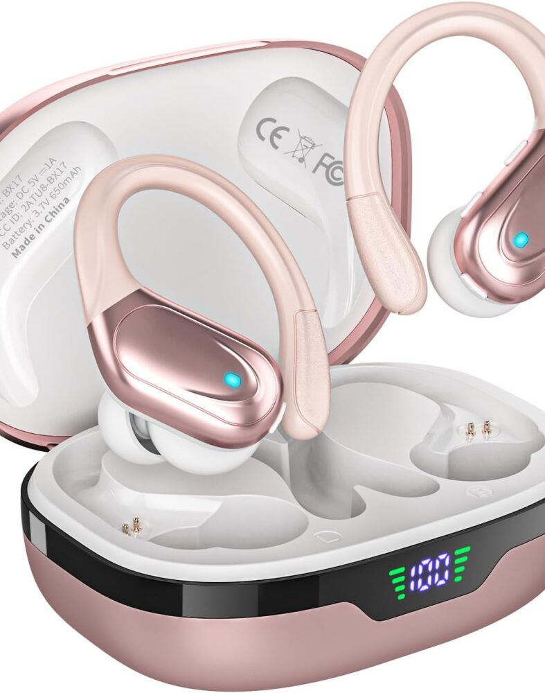 HAOYUYAN Wireless Earbuds, Sports Bluetooth Headphones, 80Hrs Playtime Ear Buds with LED Power Display, Noise Canceling Headset, IPX7 Waterproof Earphones for Workout/Running(Rose Gold)