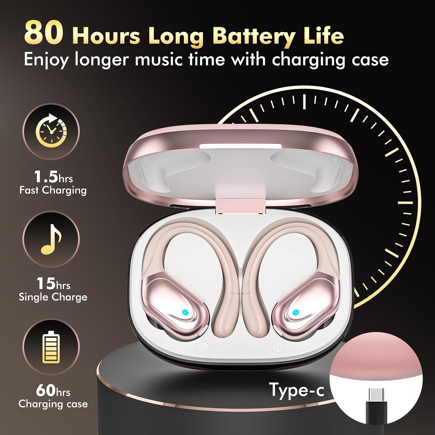 HAOYUYAN Wireless Earbuds, Sports Bluetooth Headphones, 80Hrs Playtime Ear Buds with LED Power Display, Noise Canceling Headset, IPX7 Waterproof Earphones for Workout/Running(Rose Gold) - Image 2