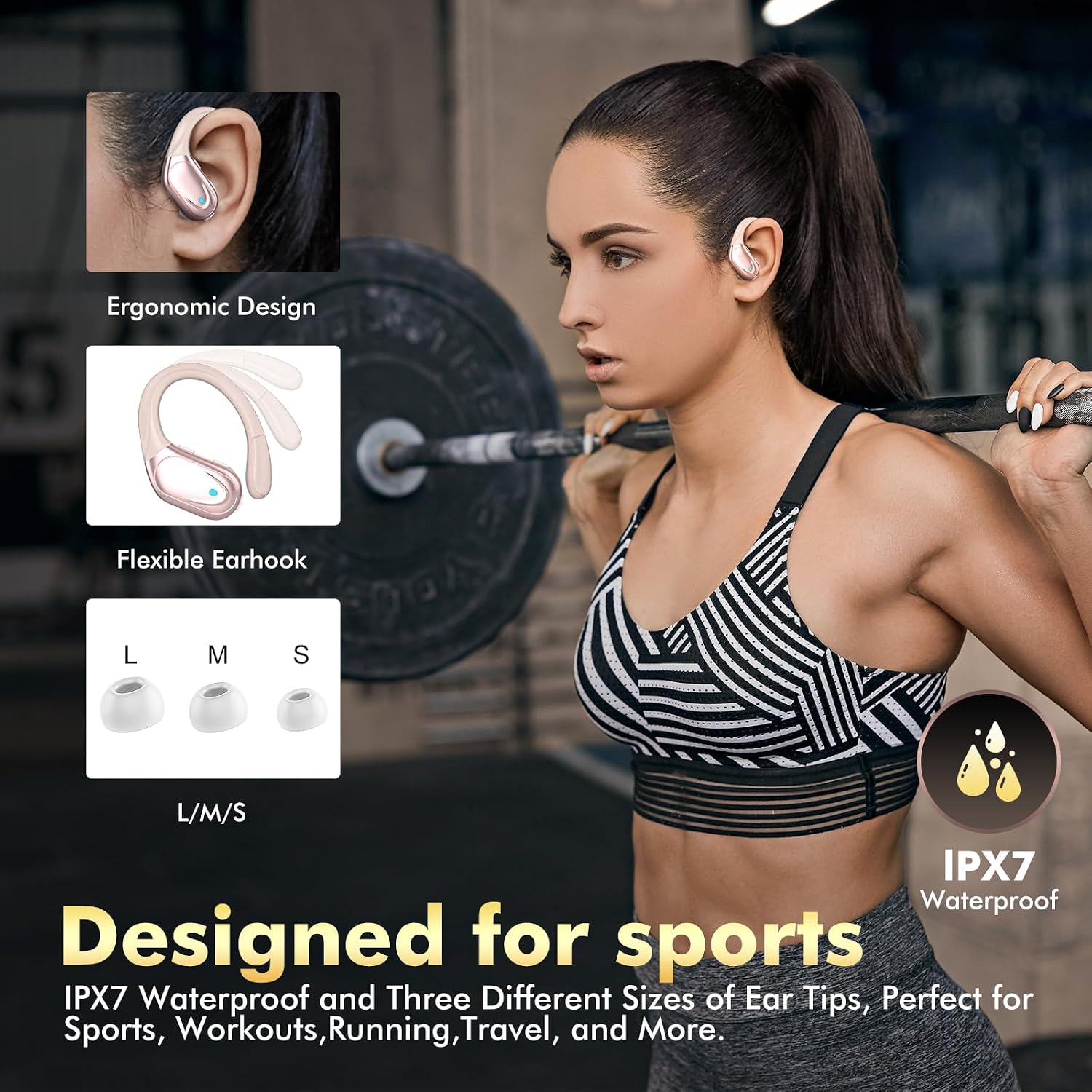 HAOYUYAN Wireless Earbuds, Sports Bluetooth Headphones, 80Hrs Playtime Ear Buds with LED Power Display, Noise Canceling Headset, IPX7 Waterproof Earphones for Workout/Running(Rose Gold) - Image 5