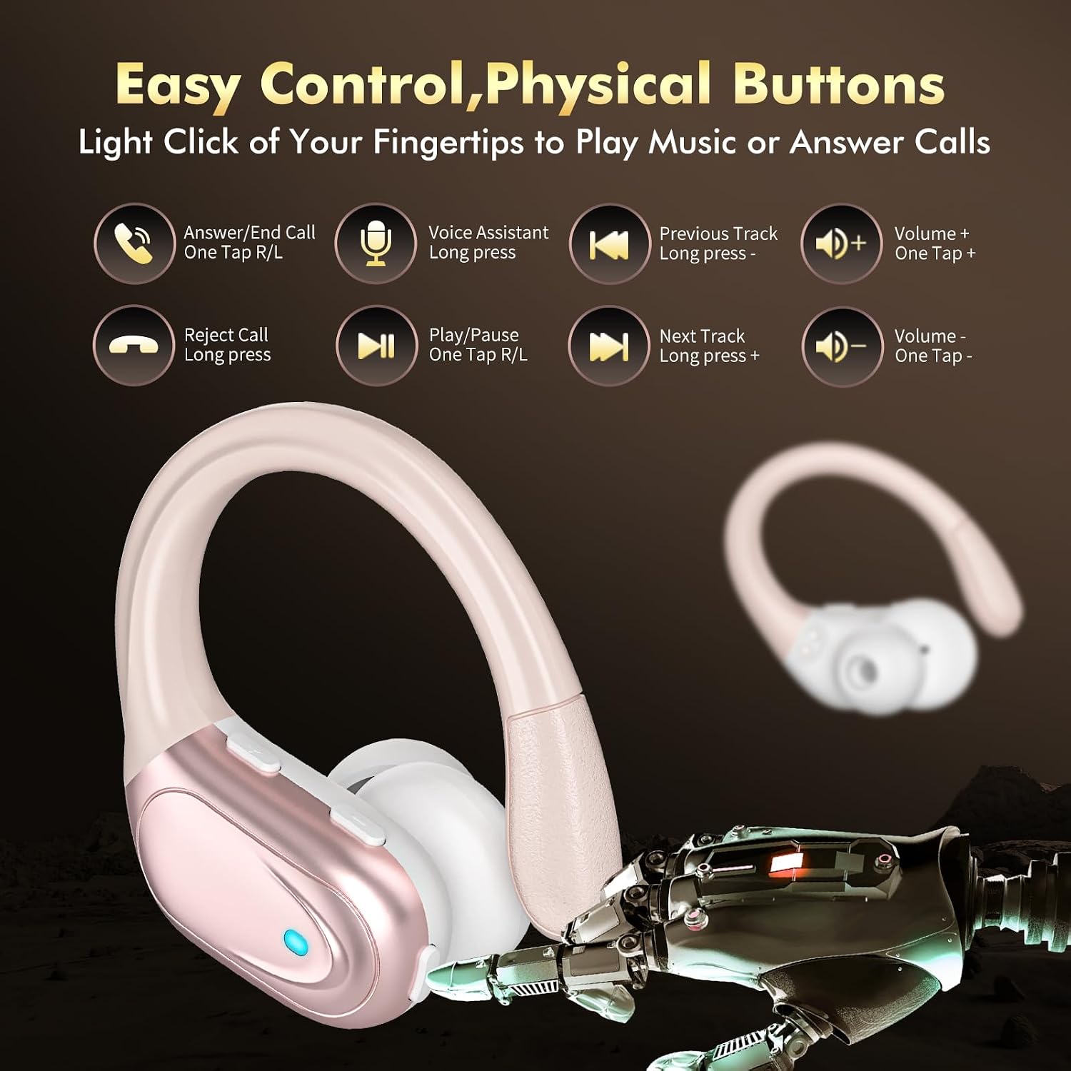 HAOYUYAN Wireless Earbuds, Sports Bluetooth Headphones, 80Hrs Playtime Ear Buds with LED Power Display, Noise Canceling Headset, IPX7 Waterproof Earphones for Workout/Running(Rose Gold) - Image 6