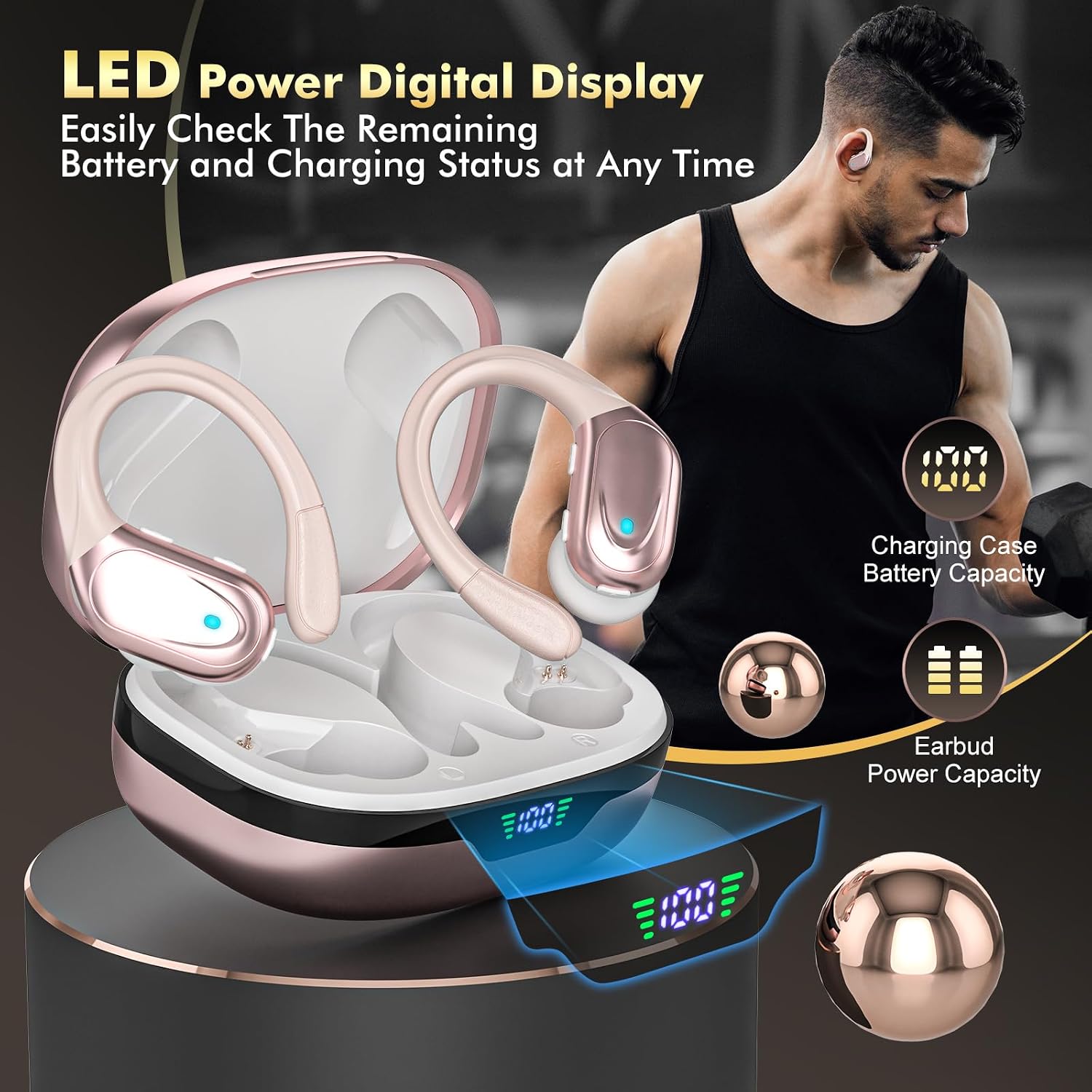 HAOYUYAN Wireless Earbuds, Sports Bluetooth Headphones, 80Hrs Playtime Ear Buds with LED Power Display, Noise Canceling Headset, IPX7 Waterproof Earphones for Workout/Running(Rose Gold) - Image 7